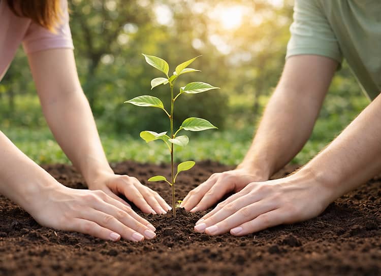 Menschen pflanzen gemeinsam eine Pflanze